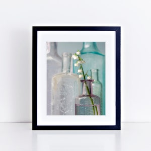 Flower Photography, Print or Canvas, Floral Art, White Flowers, Glass Bottles, Nature, Botanical Print, Spring Decor Lily of the Valley image 3
