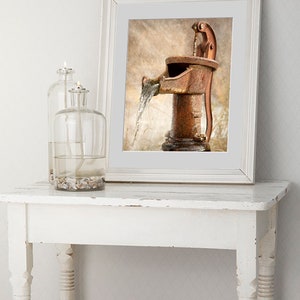 Weathered No 1 Vintage Brown Water Pump Photograph, Rustic Bathroom Decor, Pitcher, Antique Hand Pump, Kitchen Retro Bath Large Wall Art image 3