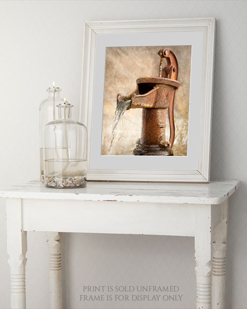 Weathered No 1 Vintage Brown Water Pump Photograph, Rustic Bathroom Decor, Pitcher, Antique Hand Pump, Kitchen Retro Bath Large Wall Art image 3