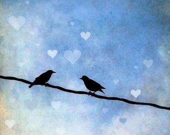 Love Birds on a Wire Wedding Gift for Lovers Art, Anniversary Gift, Home Decor, Wedding Print, Romance, Couple, Blue, Hearts - Love Birds