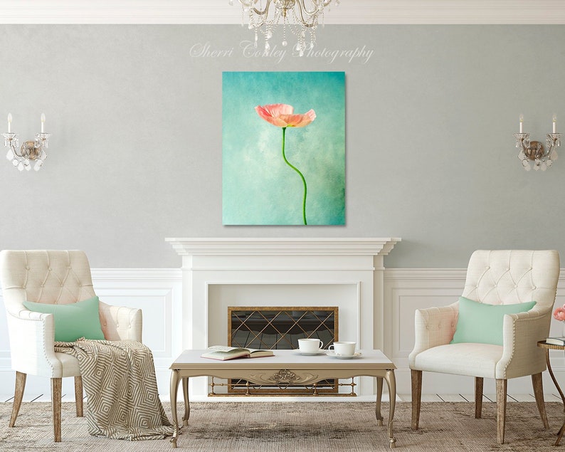 Simply Pink Poppy Flower Photography, Minimalist Floral Print, Gift for Home, Botanical Photo, Teal Green, Pastel Colors, Nature Wall Art image 3