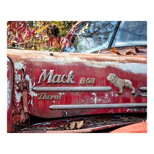 Mack B53 in Red Vintage Mack Truck Photography, Junkyard Print or Canvas Wrap, Antique Old Rusty Truck, Rustic Print, Farmhouse Wall Art image 3