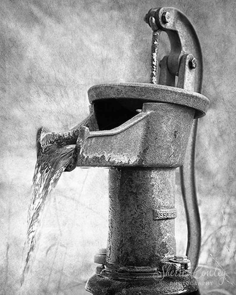 Weathered No 1 Vintage Brown Water Pump Photograph, Rustic Bathroom Decor, Pitcher, Antique Hand Pump, Kitchen Retro Bath Large Wall Art image 5