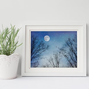 Moon Dreams Full Moon Stars & Winter Trees Print, Black Birds, Blue Sky, Dreamy Night, Large Wall Art, Celestial Nursery Décor, Twilight image 3