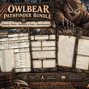 Fiche de personnage pour jeu de rôle fantastique Owlbear | Histoire, notes et questionnaire | PF2E