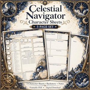 May include: A 5-page set of Celestial Navigator character sheets featuring a dark blue and gold celestial theme. The pages include fields for stats, skills, backstories, and notes, decorated with illustrations of stars, moons, and castles.