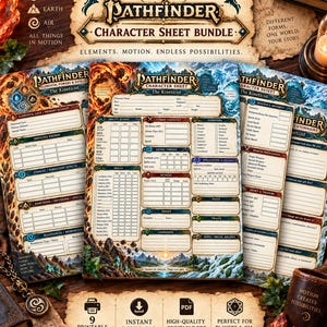 May include: A Kineticist Pathfinder character sheet bundle featuring nine printable pages with sections for ability scores, combat statistics, skills, and elemental powers. The design includes thematic illustrations of fire, water, earth, and air elements.