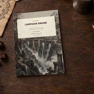 May include: A softcover book titled The Living Campaign Engine with a cover illustration of a stone bridge over a misty canyon. The book is surrounded by several dark red polyhedral dice, a small metal warrior figurine, and a wooden pencil.