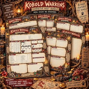 Conjunto de Fichas de Personagem para RPG de Fantasia Kobold Warrens | História, Anotações e Questionário | PF2E