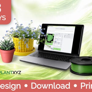 May include: A laptop displaying 3D design software, a yellow honeycomb-patterned planter with blue flowers, a small red pot with a succulent, and a spool of green 3D printer filament. Text includes 3 DAYS, PLANTXYZ, and Design Download Print.