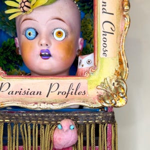 May include: A mixed media art piece featuring a doll head with mismatched eyes, a green spotted orb, and a yellow flower. The frame has the text "Pick and Choose" and "Parisian Profiles". A pink felt bird with blue eyes is also present.