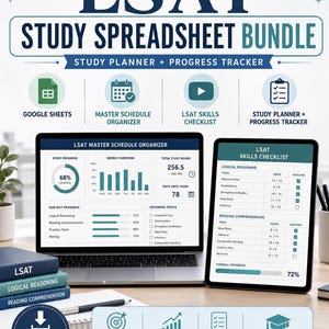 May include: A digital LSAT study spreadsheet bundle featuring a master schedule organizer and skills checklist. The display shows a laptop and tablet with progress charts, study hours, and topic lists. Includes icons for Google Sheets and digital download.