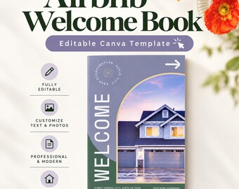 Könnte beinhalten: Eine bearbeitbare Canva-Vorlage für ein Airbnb-Willkommensbuch mit einem digitalen Einband, einem Hausfoto, dem Wort WELCOME und Anpassungssymbolen. Das Design enthält Textfelder für Adresse, Stadt, Postleitzahl und den 2025 Home Guidebook.
