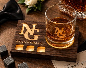 Groomsmen Whiskey Gift Set – Personalized Bourbon Glass with LED Wooden Coaster, Wedding Party Gift for Men
