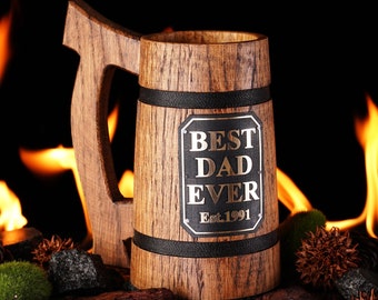 Father's Day Present, Handmade Wooden Beer Tankard with Custom Dad Design, Personalized Father's Day Gift, Best Daddy Mug, Cheers to Him