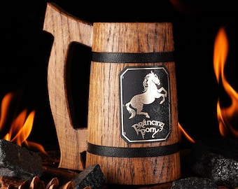 Personalized Wooden Beer Mug, Prancing Pony Design, Unique Barware Gift, Engraved Hobbit Beer Stein, Unique LOTR Mug for Men, Gift for Him