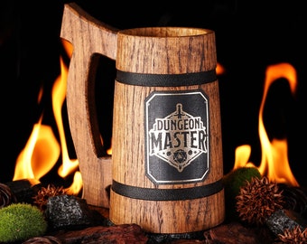 Customized Dungeon Master Wooden Beer Mug, Personalized D&D Gift, Dungeons and Dragons Beer Stein, Gamer Wooden Stein for Him, DnD Birthday