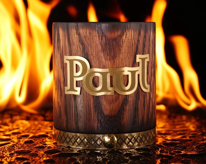 Featured listing image: Custom Name Whiskey Tumbler for Groomsmen, Custom Best Man Gift, Personalized Oak Rocks Glass with Brass Personalization, Wedding Party Gift