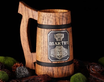 Custom Engraved Viking Beer Mug with Thor's Hammer, Personalized Gift for Him, Viking Beer Stein, Celtic Wedding Favor, Gift for Groomsmen