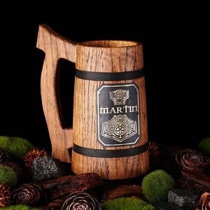 Engraved Viking Beer Mug: Thor&#39;s Hammer, Personalized Wooden Stein