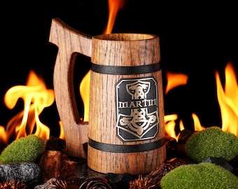Beer Mug, Personalized Viking Beer Stein with Thor’s Hammer Engraving, Custom Wooden Tankard for Him, Beer Glass, Husband Gift, Beer Gift