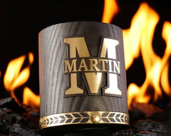 Custom Name Whiskey Glass, Unique Bourbon Rocks Glass for Men, Engraved Wooden Whiskey Tumbler with Monogrammed Plate for Bourbon Lovers