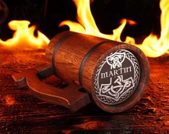 Personalized Beer Mug with Thor's Axe & Celtic Design, Custom Beer Stein, Unique Gift for Beer Lovers, Oak Beer Tankard Perfect Gift for Him