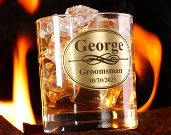 Personalized Whiskey Glass for Groomsmen, Best Man Gift, Engraved Brass Plate,