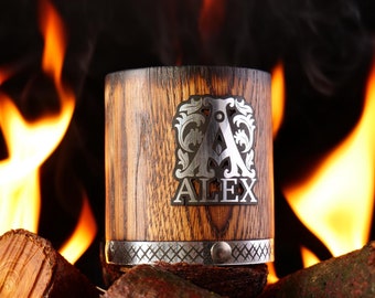 Whiskey Glass for Bourbon Lovers, Engraved oak whiskey tumbler, Personalized Birthday gift, Old Fashioned Bourbon Glass for Whiskey Lovers