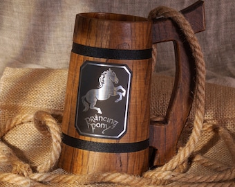Prancing Pony Beer Mug, LOTR Gift for Him, Wooden Stein, Christmas & Birthday Idea, Vintage Style Prancing Pony Beer Tankard for Beer Lovers