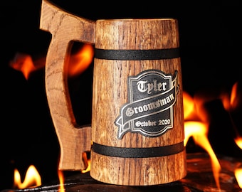 Groomsman Beer Stein, Personalized Gift for Best Man & Wedding Party, Custom Engraved Usher Mug, Custom wooden Beer Mug for Groomsmen Gifts