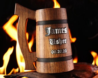 Beer Mug for Groomsmen, Rustic Oak Beer Stein, Wooden Tankard for Best Man & Usher, Wedding Party Gifts, Groom Father of the Bride Gift