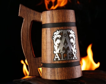 Personalized Groomsmen Gifts, Custom Beer Glasses for Groomsman Oak Beer Stein Mug with Name Monogram, Unique Groomsmen Gift, Gifts for Men