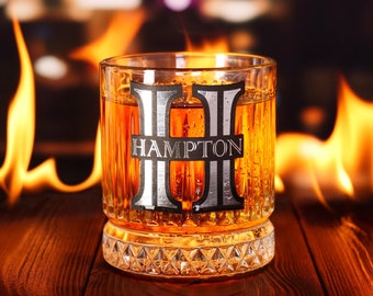 Personalized Bourbon glass, Custom Whiskey Glass with Brass Plate Engraving, Ideal Gift for Whiskey Lovers, Unique Gift for Men, Faceted Cut