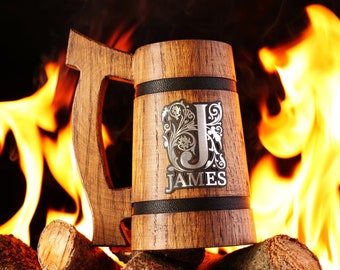 Custom Engraved Beer Mug, Viking Oak Tankard, Personalized Name Monogram, Gift for Him, Customizable Best Man Gift, Engraved Logo Company