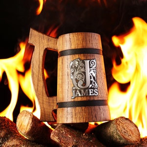 Custom Engraved Oak Beer Mug: Personalized Viking Tankard Gift