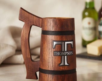 Personalized Oak Beer Stein - Customized Wooden Tankard for Men, 5th Anniversary Wood Gift, Birthday Beer Mug with Name, Gift for Beer Lover