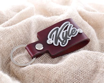 Personalized Leather Keychain with Name Plate, 3 Year Anniversary Gift, Monogrammed Leather Keyring, Customized Men's or Mother's Day Gift