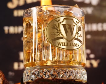 Custom Whiskey Glass with Brass Plate, Personalized Gift for Him, Husband, Dad, Groomsmen, Engraved Bourbon Glass for Special Occasions