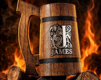 Personalized Viking Beer Mug, Custom Engraved Oak Tankard with Multiple Engraving Options, Rustic Gift for Him