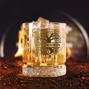 Personalized Whiskey Glass with Metal Plate, Life Tree Bourbon Glass for Men, Glassware for Birthday, Dad Retirement, Groomsmen Father’s Day