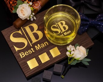 Engraved Whiskey Gift Set: Lighted Wooden Coaster, Whiskey Stones & Personalized Glass