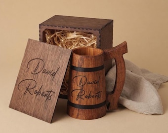 Personalized Oak Beer Mug with Wooden Gift Box - Groomsmen Gift Set, Custom Engraved Rustic Viking Stein
