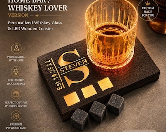 Personalized Whiskey Glass & LED Wooden Coaster – Custom Bourbon Barware Set, Whiskey Lover Gift, Home Bar Accessories