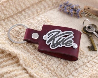 Personalized Leather Keychain, Monogrammed Name Plate Keyring, Anniversary Gift