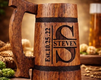 Personalized Engraved Oak Beer Mug - Groomsmen Gift, Custom Wooden Stein, Wedding Party