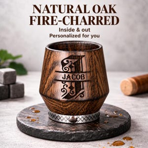 Personalized Whiskey Glass – Handcrafted Charred Oak Bourbon Tumbler with Rustic Style & Deep Wood Engraving