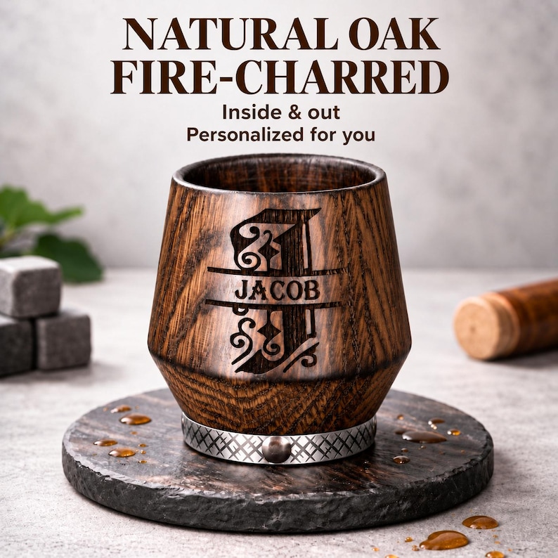 Personalized charred oak whiskey glass with deep engraving, rustic wooden bourbon tumbler, handmade gift for men