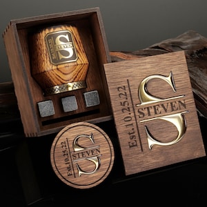 Personalisiertes Whiskyglas mit Holzkiste, Set für Whiskyliebhaber, Whiskystein-Set & Untersetzer, benutzerdefiniertes Whiskyglas, Whiskygeschenk für Männer