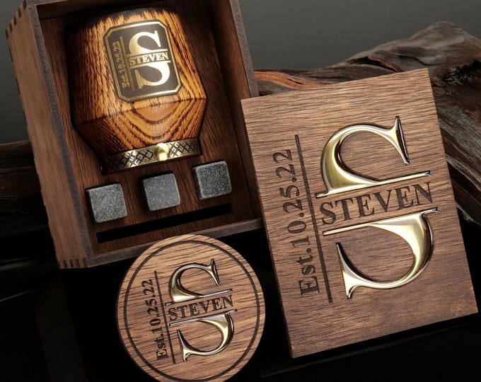 Featured listing image: Personalized Whiskey Glass Gift Set with Wooden Box: Custom Engraved Tumbler & Whiskey Stones for Men